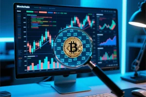 ryptocurrency charts and analysis codes on computer screen with magnifying glass highlighting a suspicious Bitcoin pattern, symbolizing market manipulation detection.