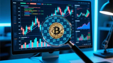 ryptocurrency charts and analysis codes on computer screen with magnifying glass highlighting a suspicious Bitcoin pattern, symbolizing market manipulation detection.