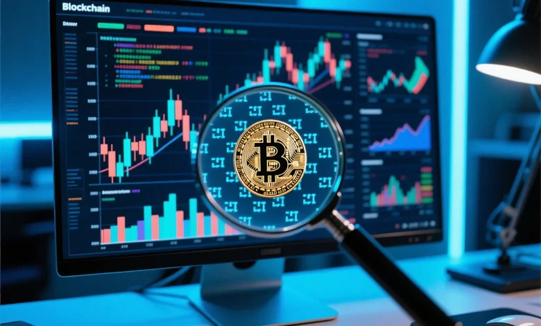 ryptocurrency charts and analysis codes on computer screen with magnifying glass highlighting a suspicious Bitcoin pattern, symbolizing market manipulation detection.